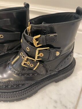 Burberry Black Leather Brogue Boots with Gold Buckles
